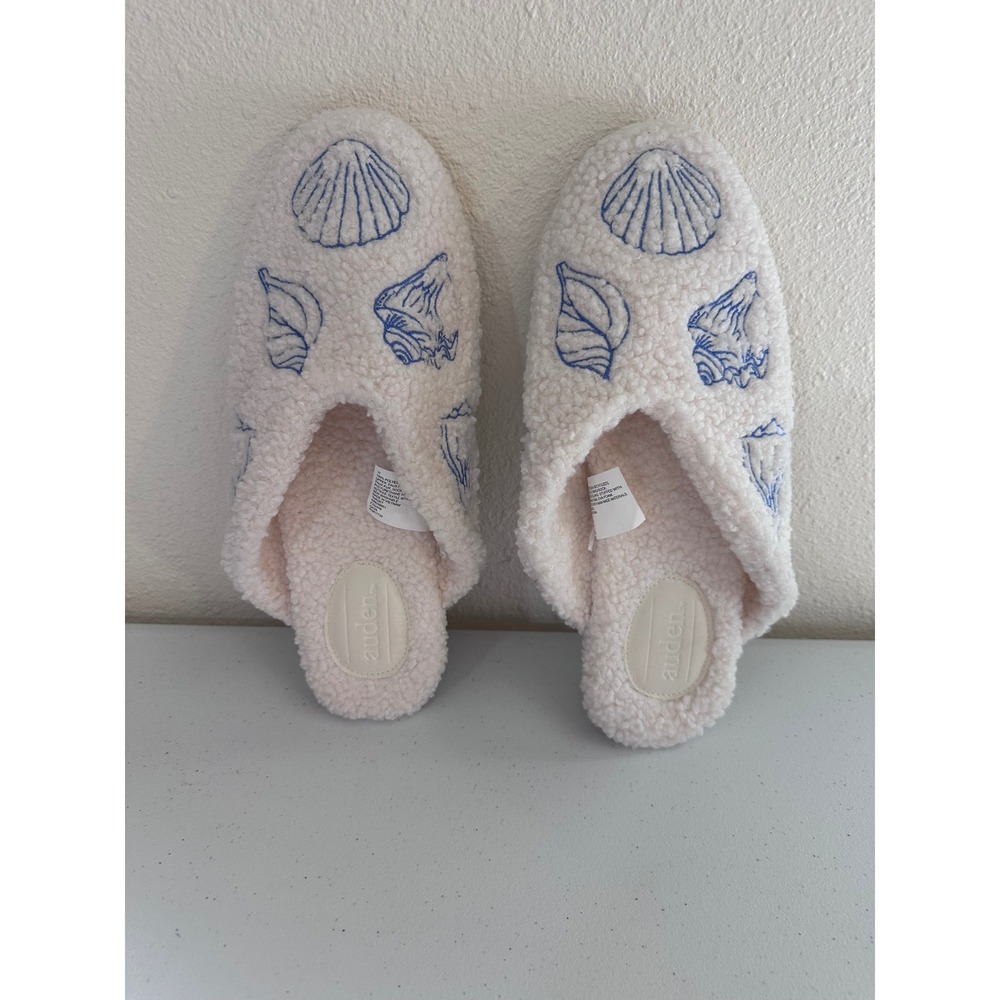 Auden Womens Cream Sherpa Faux Fur Seashell Embroidered Slippers Size 11
